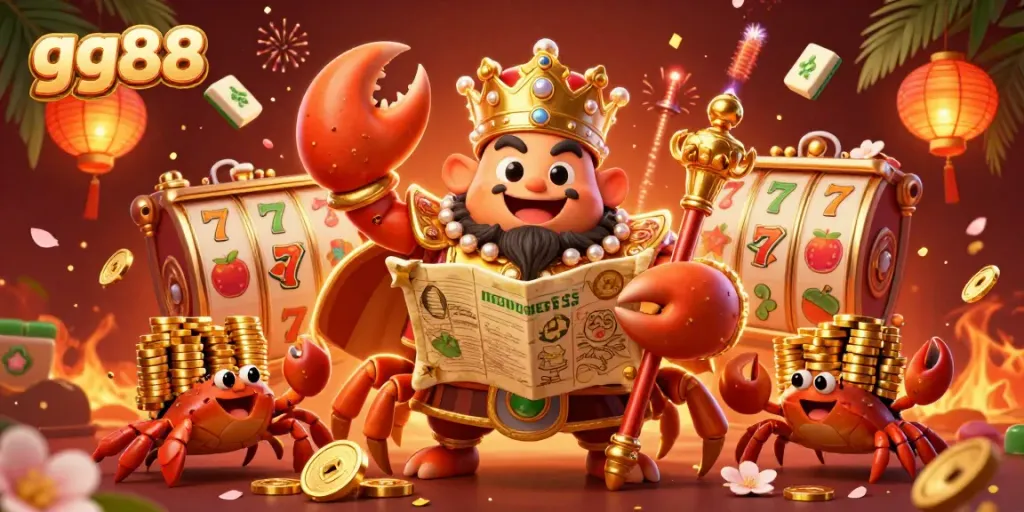 Experience the thrill of gaming at gg88 featuring a golden crab emperor amid vibrant casino elements.