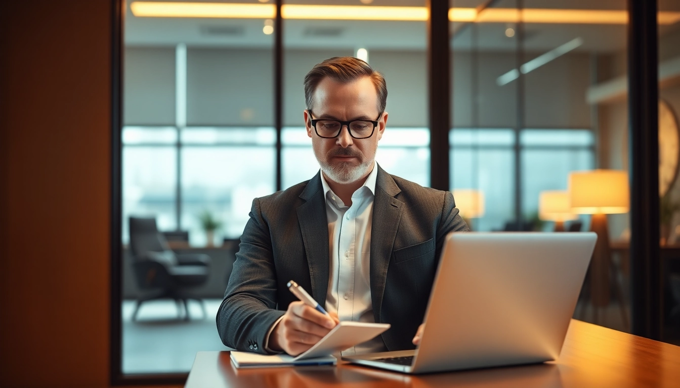 Headhunter berät Kunden professionell in stilvollem Büro mit Laptop und Notizen.