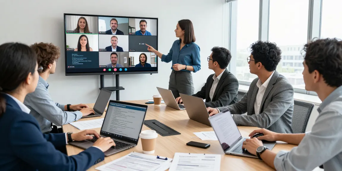 Professionelles Team in einer Besprechung mit Sprachübersetzer für Echtzeitübersetzung.