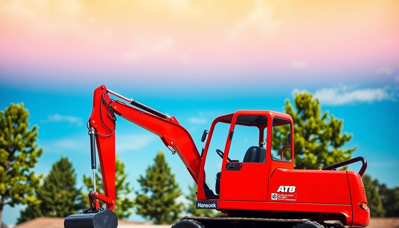 Bagger leihen Hannover: Moderner Minibagger vor einem Baumaschinen-Verleih mit einladendem Tageslicht.