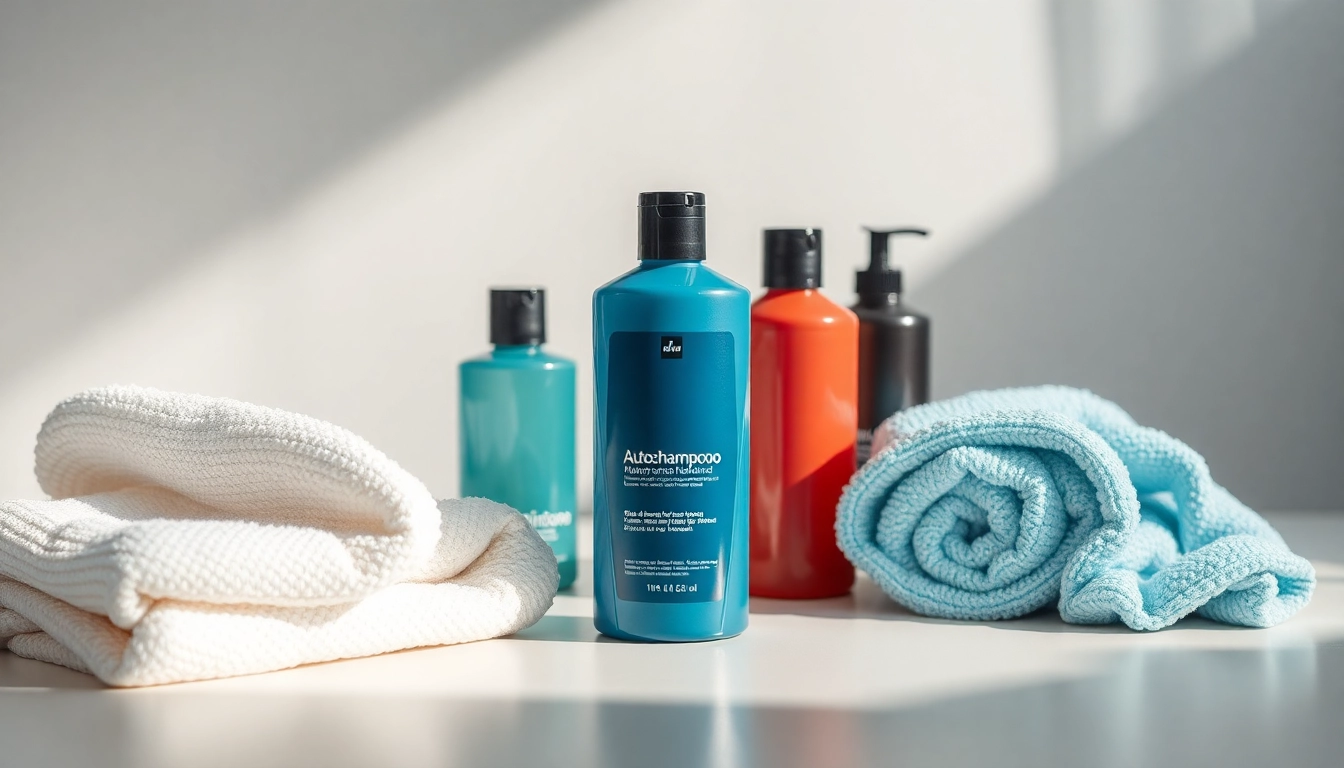 Autopflege Set: Hochwertiges Set mit Shampoo, Mikrofasertüchern und Bürste auf einem stilvollen Tisch präsentiert.