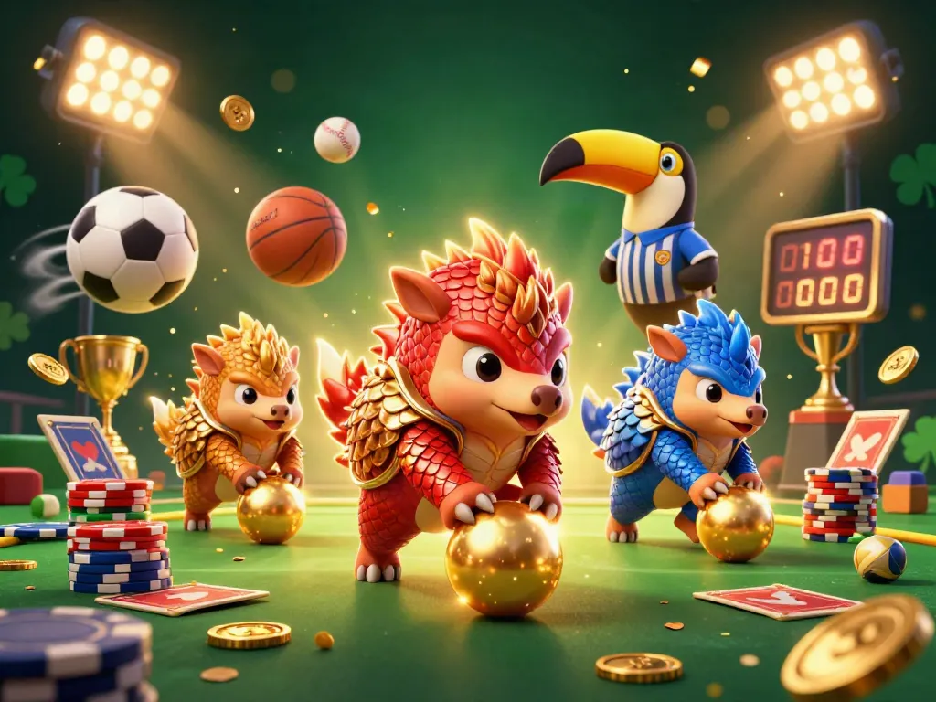 Bet on five88 with rival pangolins rolling golden balls amidst dynamic sports action.