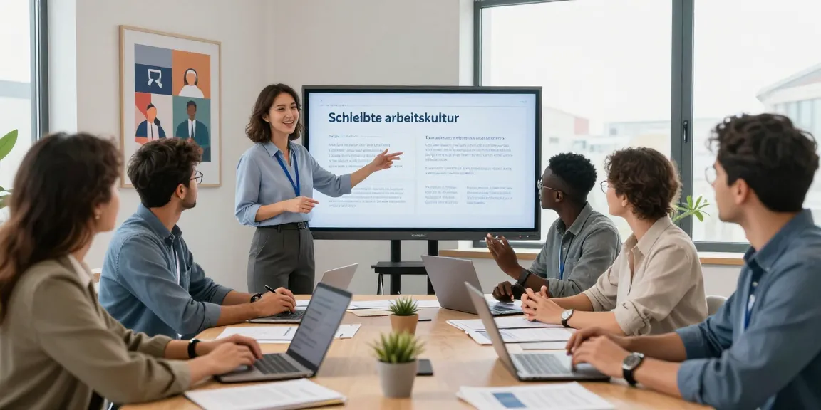 Teammeeting zur Verbesserung der schlechten Arbeitskultur in einem modernen Büro mit Datenpräsentation.