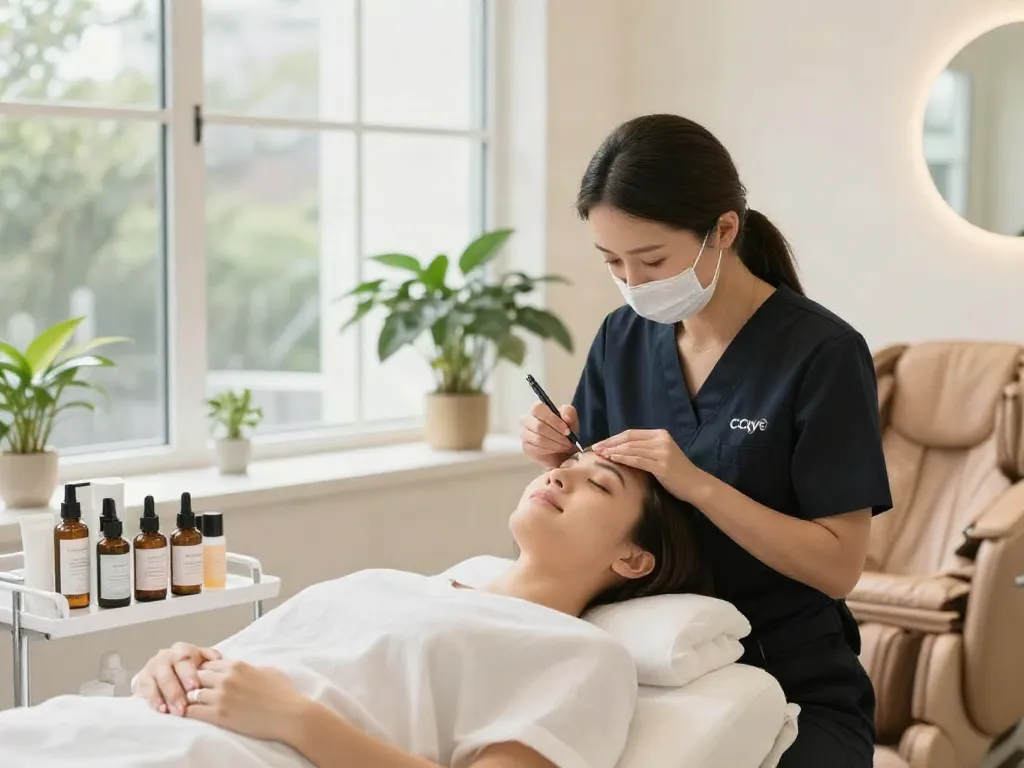 Augenringe abdecken mit der CCeye® Behandlung in einem einladenden Beauty-Studio.