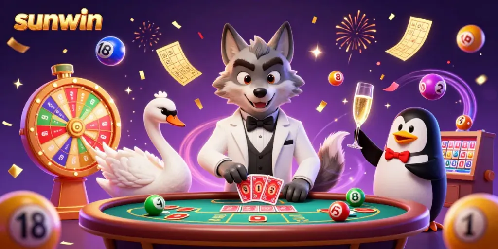 Experience thrilling gaming at sunwin with a lively 3D illustration featuring characters in a casino setting.