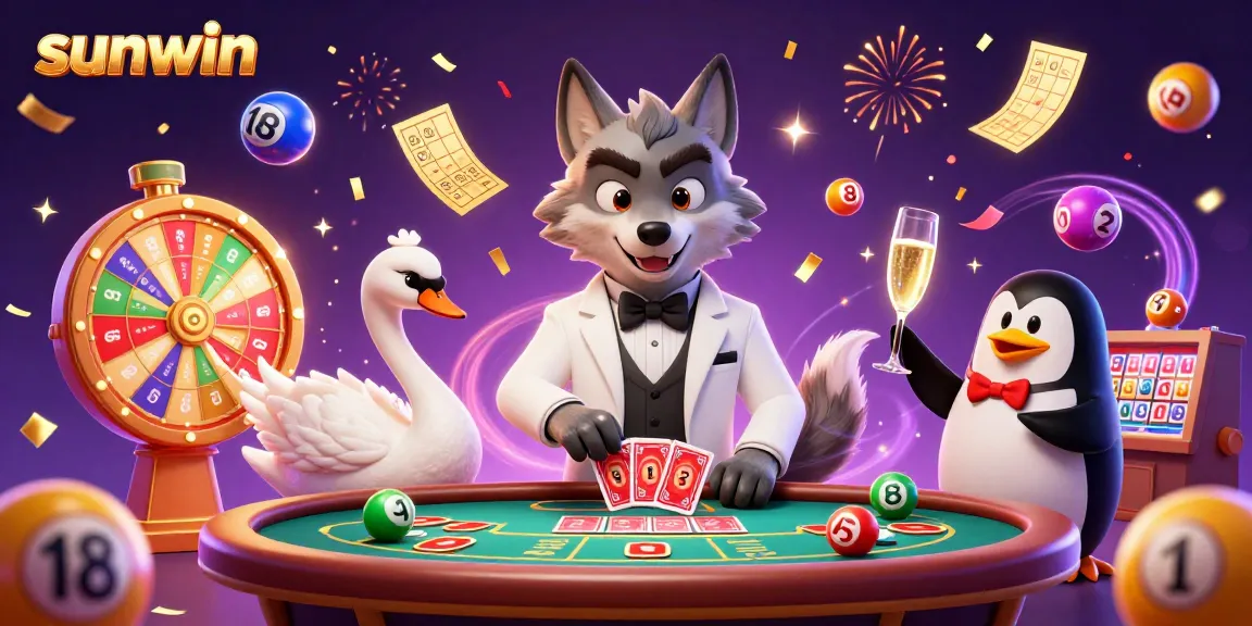 Experience thrilling gaming at sunwin with a lively 3D illustration featuring characters in a casino setting.
