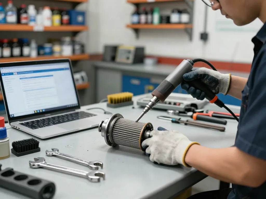 Mechaniker reinigt DPF in professioneller Werkstatt, DPF Reinigung im Fokus.