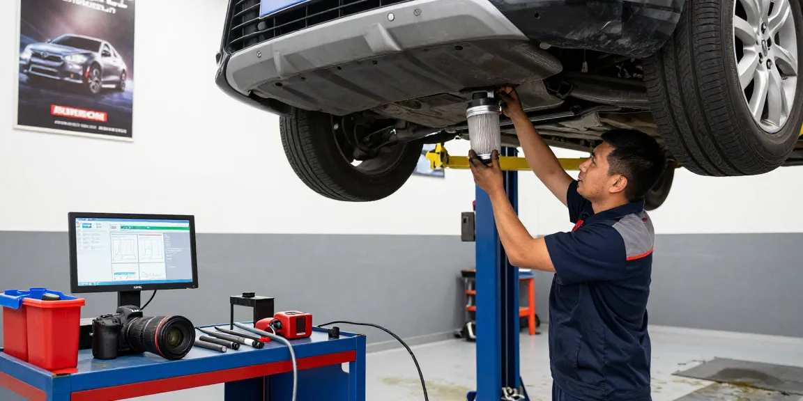 Mechaniker reinigt DPF in professioneller Garage, hochwertige Werkzeuge eingesetzt, optimierte Fahrzeugwartung.