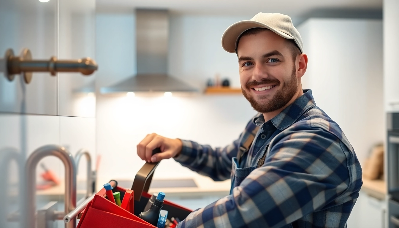 Plumber expertly repairing kitchen plumbing, showcasing tools and a modern setting.