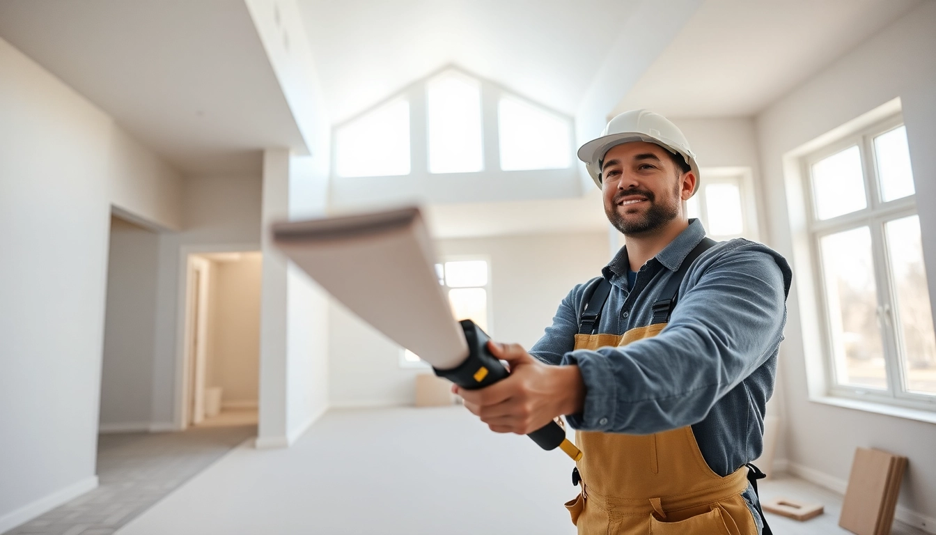 Contractor installing drywall in a freshly renovated room, showcasing progress and craftsmanship.