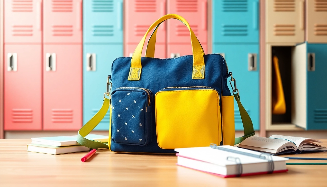 Trendige Handtasche für Schulen mit einzigartigen Details und school typischen Accessoires im Hintergrund.