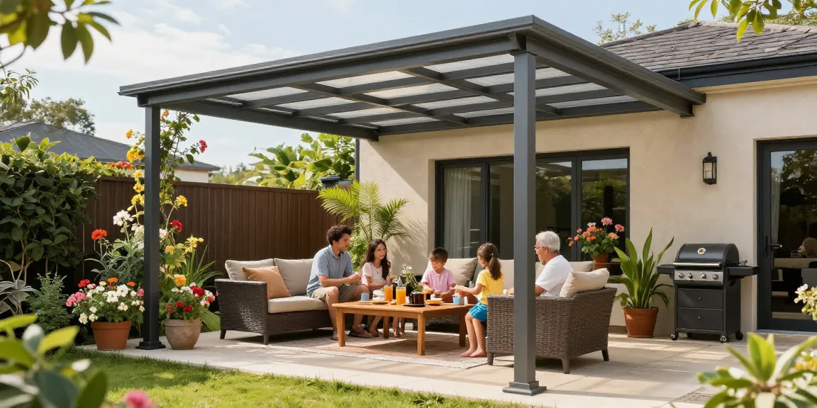 Freistehende Terrassenüberdachung mit glücklicher Familie, die im sonnigen Garten Tee genießt.