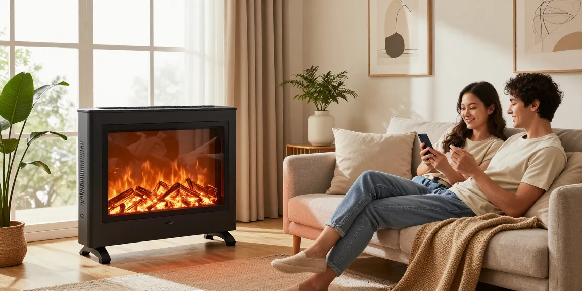 Stilvolles infrarotheizung standgerät im modernen Wohnzimmer, mit Smartphone gesteuert, schafft eine gemütliche Atmosphäre.
