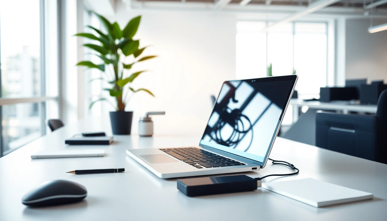 Technik Tipps für effizientes Arbeiten am modernen Arbeitsplatz mit Laptop und Geräten.