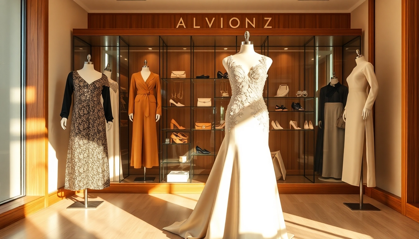 Stylish display of Alvionz's luxurious evening gown in an elegant boutique setting.
