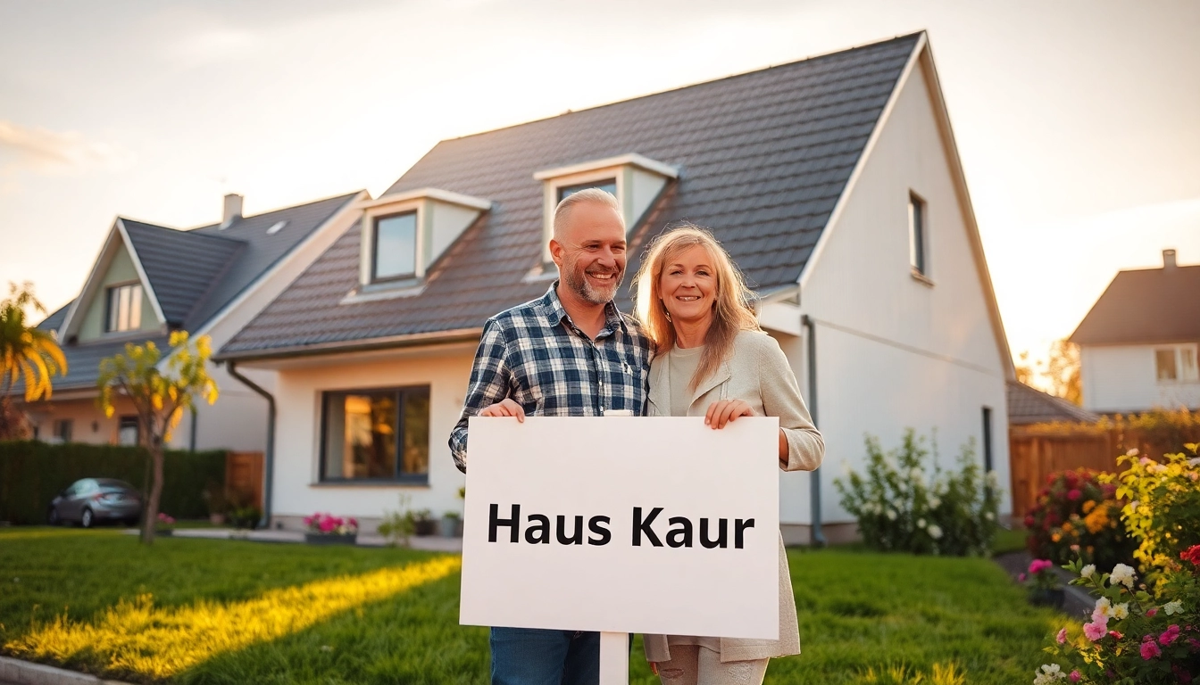 Glückliches Paar vor einem modernen Einfamilienhaus, steht bereit für den Hauskauf.