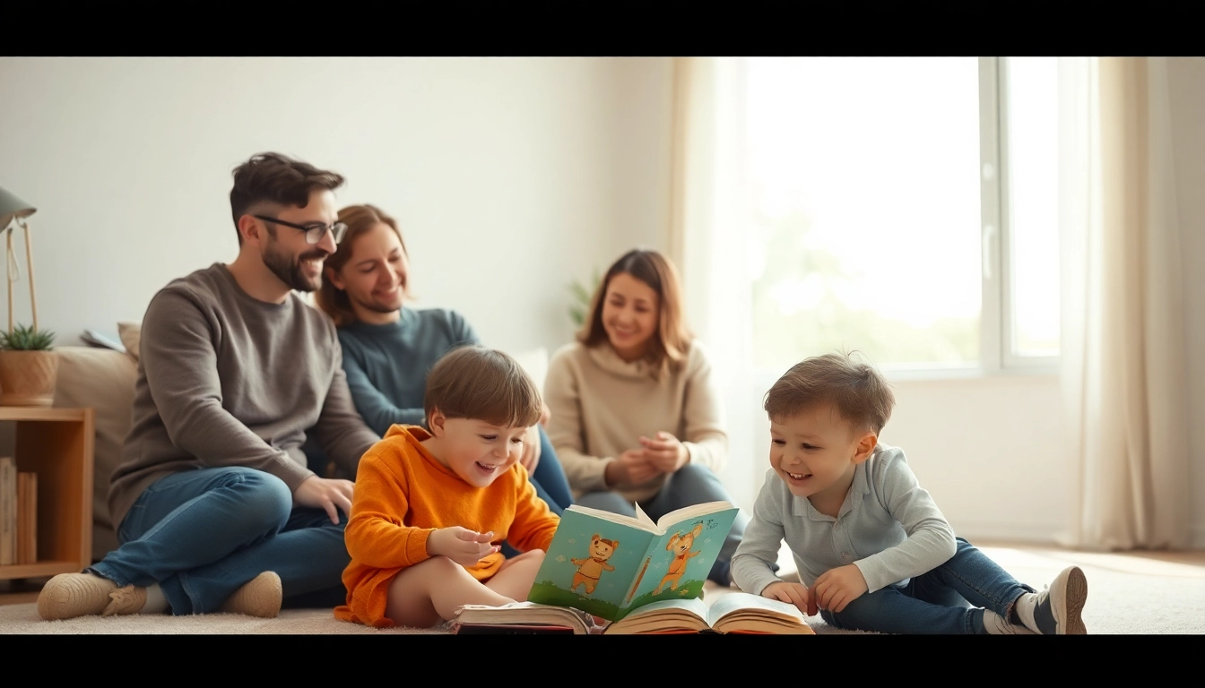 Kindererziehung: Eltern interagieren spielerisch mit ihrem Kind während des Lesens eines bunten Buches auf dem Boden.