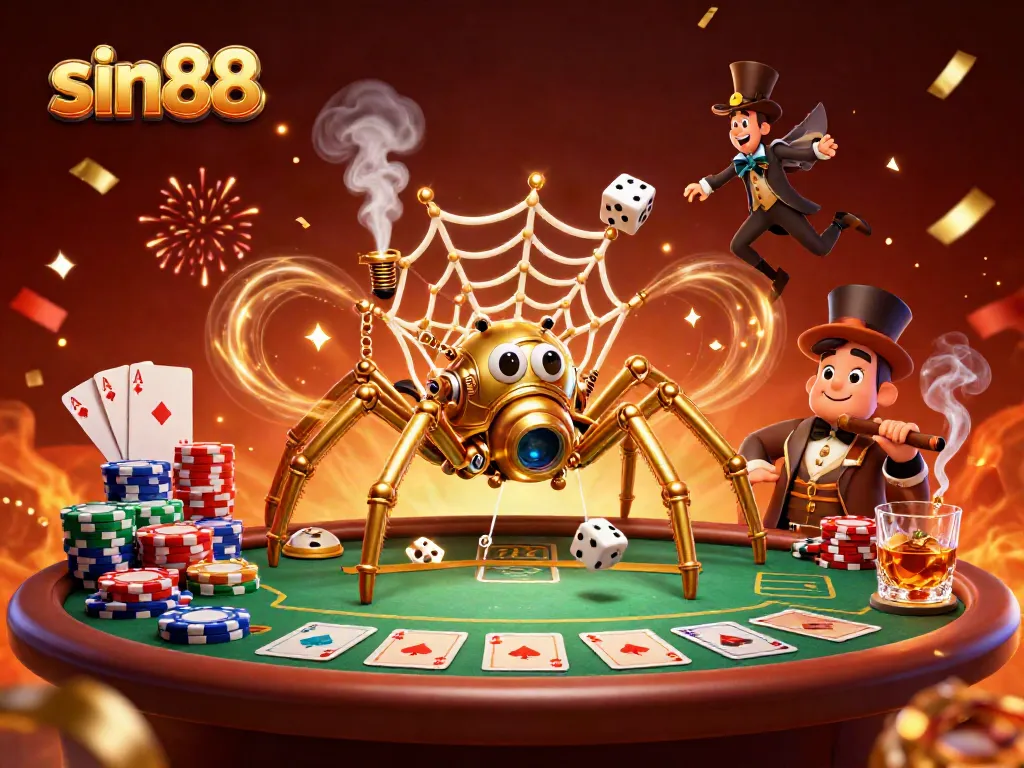 Engage with sin88 as a steampunk spider ensnares dice in a golden web at a vibrant poker scene.