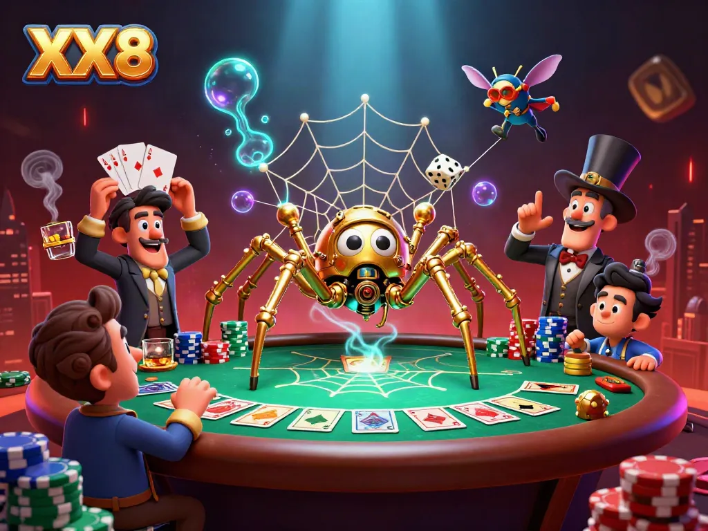 Engage with XX8's thrilling casino action through an animated steampunk scene of poker excitement.