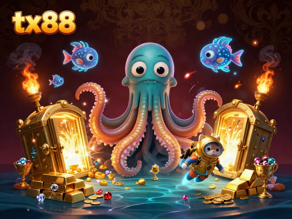 Experience excitement at tx88 with a treasure-filled adventure featuring a kraken and diving cat.