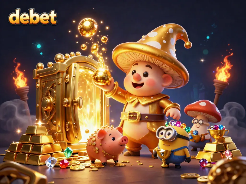 Engage with debet's vibrant casino world featuring a magical wizard, treasure, and gold.