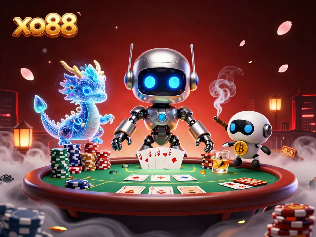 Play exciting games at xo88 with a vibrant 3D illustration showcasing a cyberpunk robot and poker dynamics.