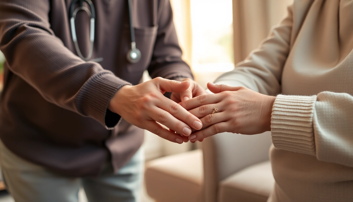 Pflegedienst Griesheim: Caring professional supporting an elderly client in a warm home setting.