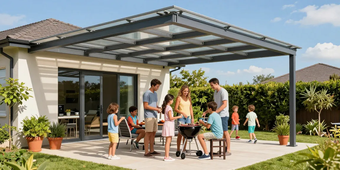 Moderne Terrassenüberdachungen bieten Schutz und Komfort für Familienaktivitäten im Freien.