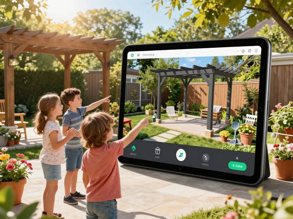 Familie nutzt den Pergola-Konfigurator, um eine maßgeschneiderte Gartenstruktur in Augmented Reality zu visualisieren.