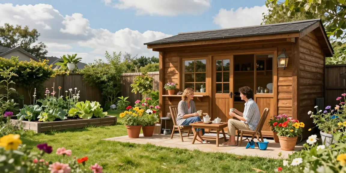 Schönes Gartenhaus aus Holz in einem blühenden Garten, ideal für Gartenfreunde.