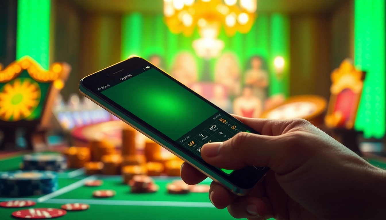 Erkunden Sie die besten mobilen online Casinos mit einer aufregenden App-Benutzerschnittstelle auf einem Smartphone, bereit für spannende Spiele.
