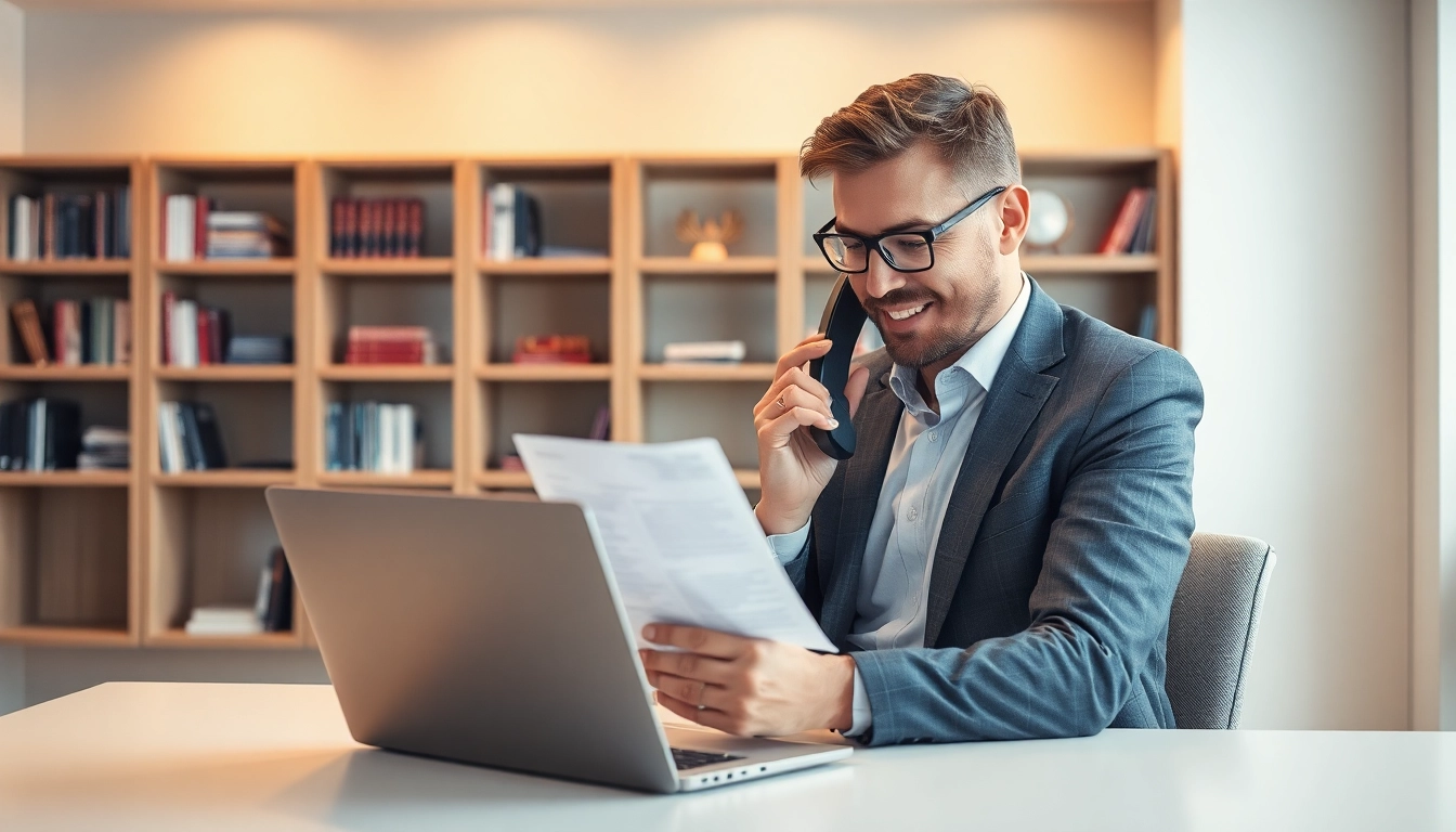 Headhunter Wiesbaden berät Klienten am modernen Schreibtisch telefonierend.