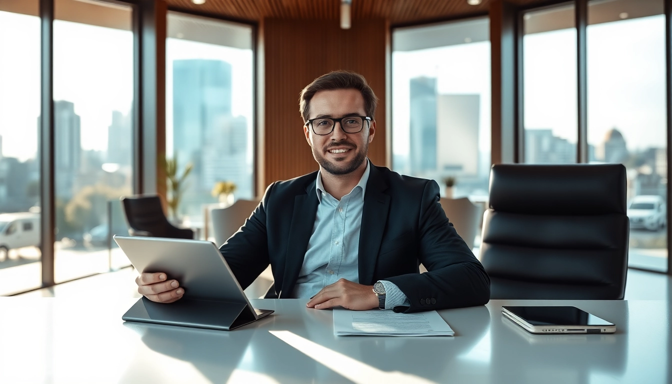 Interaktion mit einem Headhunter Köln in einem eleganten Büro mit Blick auf die Skyline.