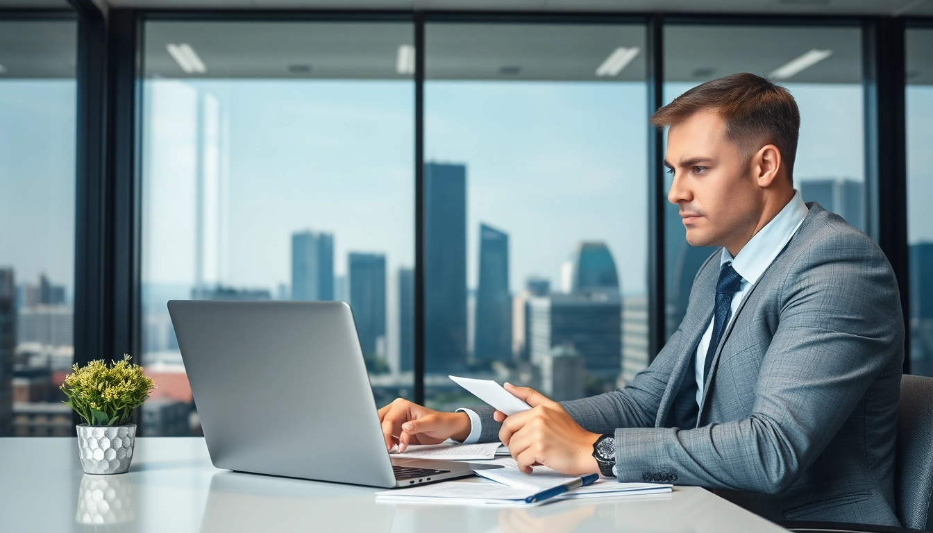 Headhunter Frankfurt bei der Arbeit in einem modernen Büro, umgeben von Stadtansichten.
