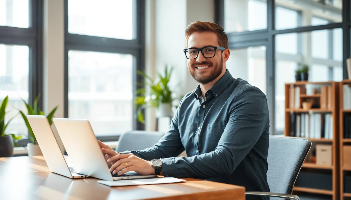 Ein Headhunter arbeitet fokussiert an einem modernen Schreibtisch in einem hellen Büro mit Laptop und Notizen.