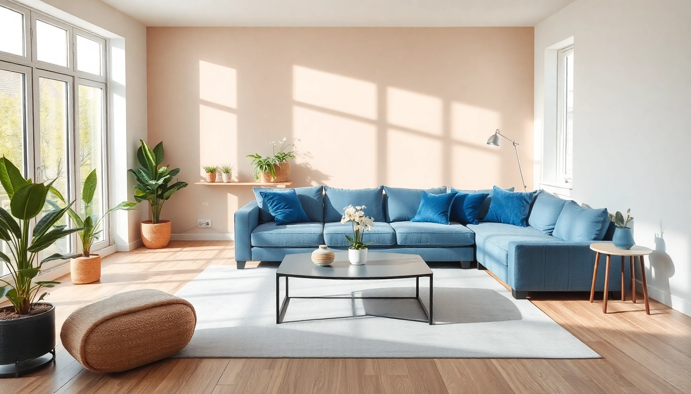 Raumgestaltung eines einladenden Wohnzimmers mit natürlichem Licht, modernen Möbeln und warmen Farben.