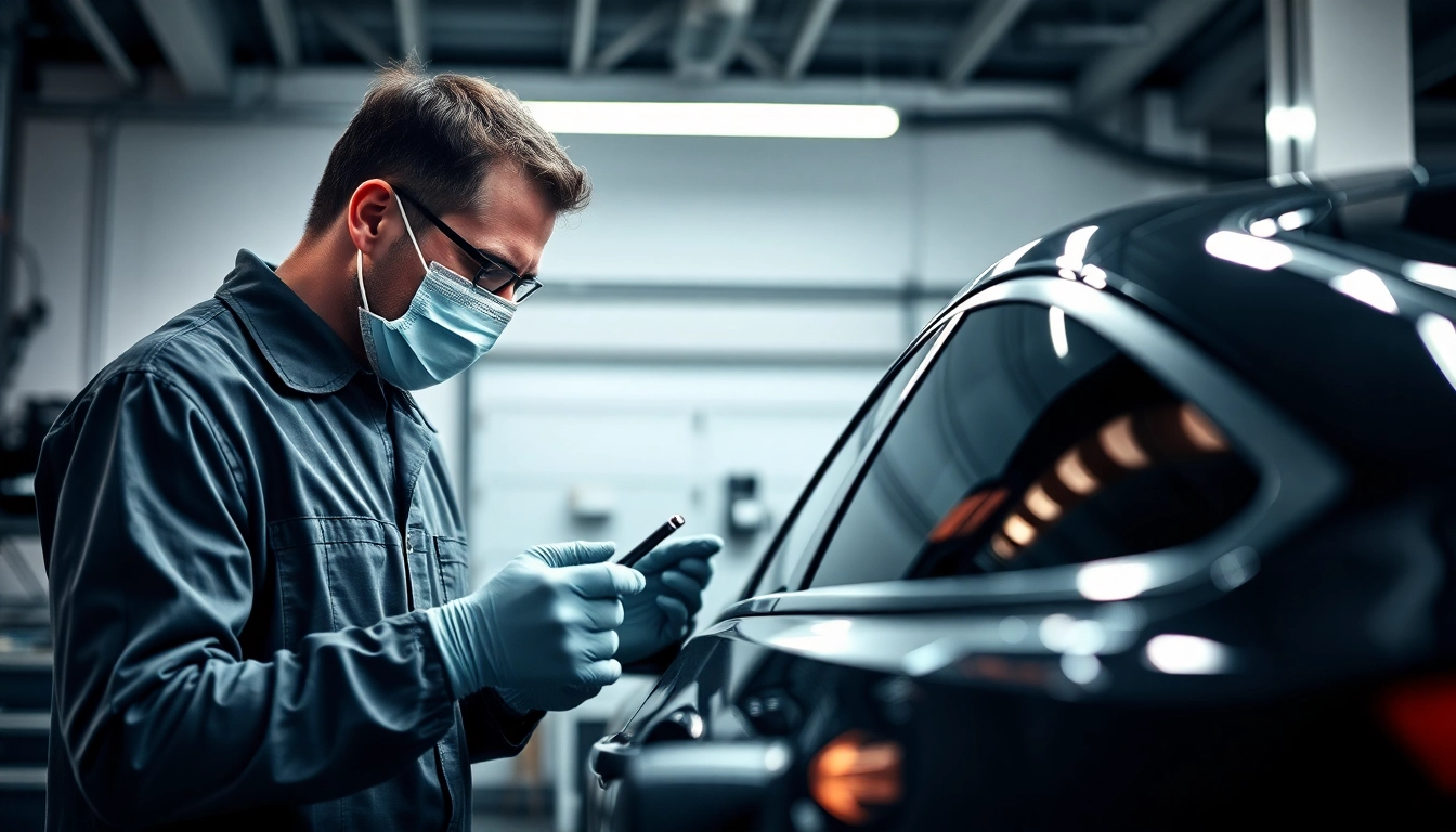 Dellendoktor München bei der professionellen Dellenentfernung an einem Auto in einer gut beleuchteten Werkstatt.