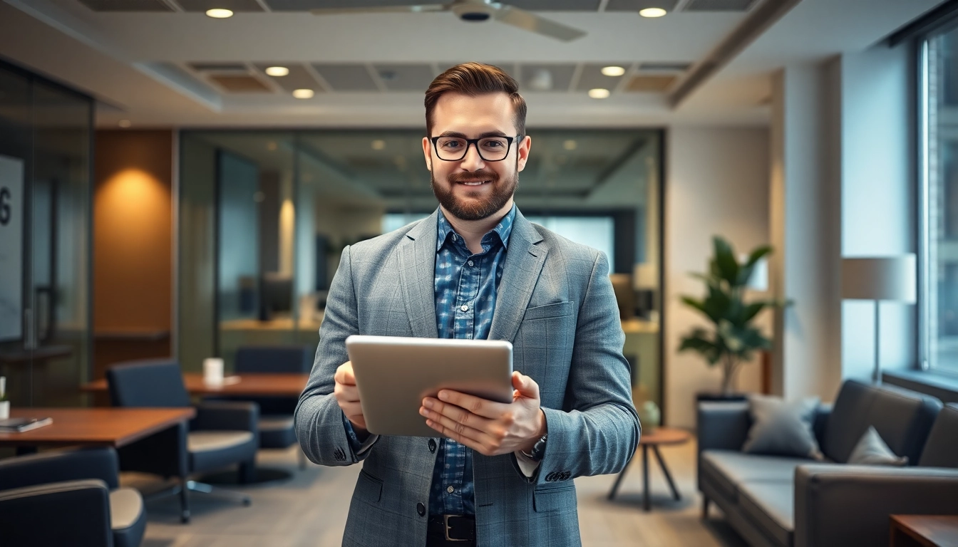 Professioneller Headhunter Hagen mit Tablet in elegantem Büro, umgeben von modernen Technologien.