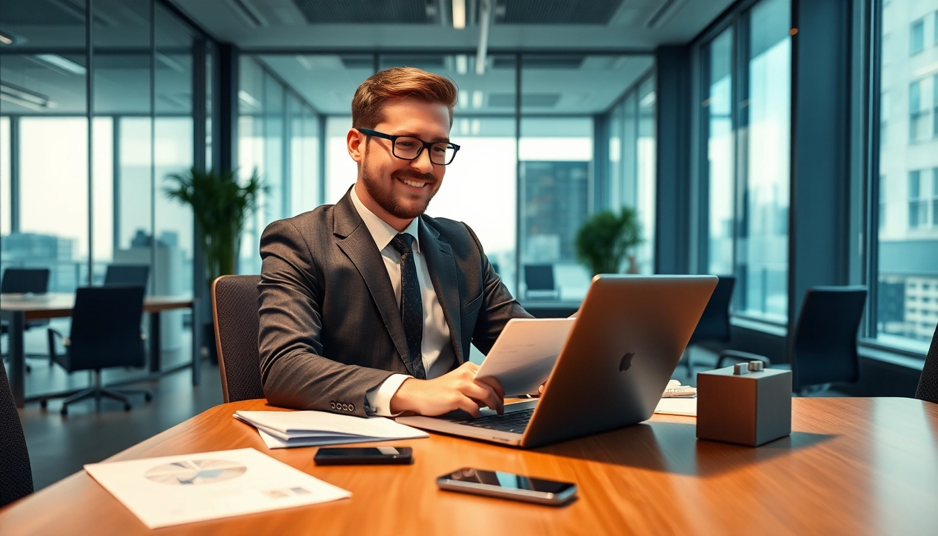 Headhunter IT beim Arbeiten in einem modernen Büro mit Laptop.