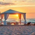 Entspanne dich in einem luxuriösen Küsten-Cabana am Sonnenuntergang mit Blick auf den Strand.