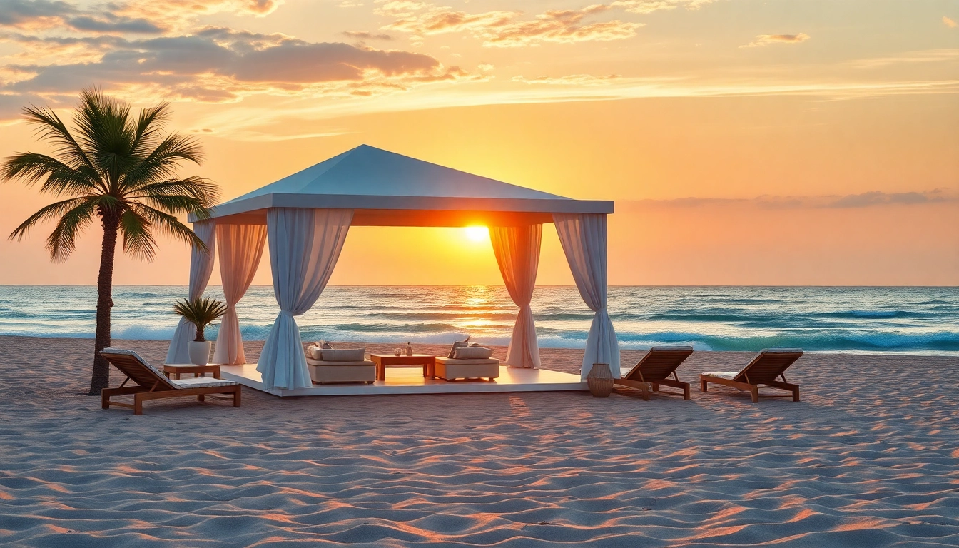 Entspanne dich in einem luxuriösen Küsten-Cabana am Sonnenuntergang mit Blick auf den Strand.