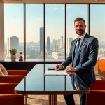 Headhunter Gastronomie berät in einem stilvollen Büro mit urbanem Ausblick.