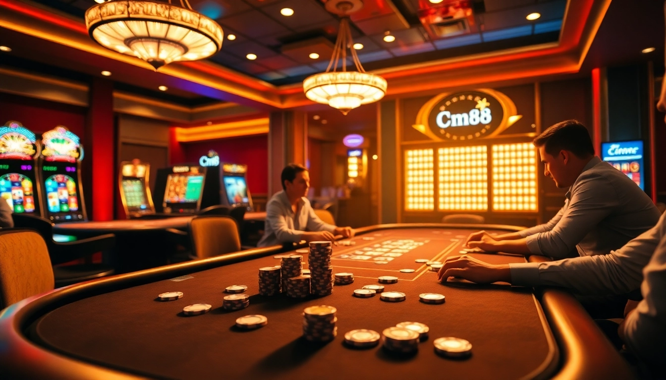 Players enjoy intense moments at CM88's poker and casino games with vibrant visuals.