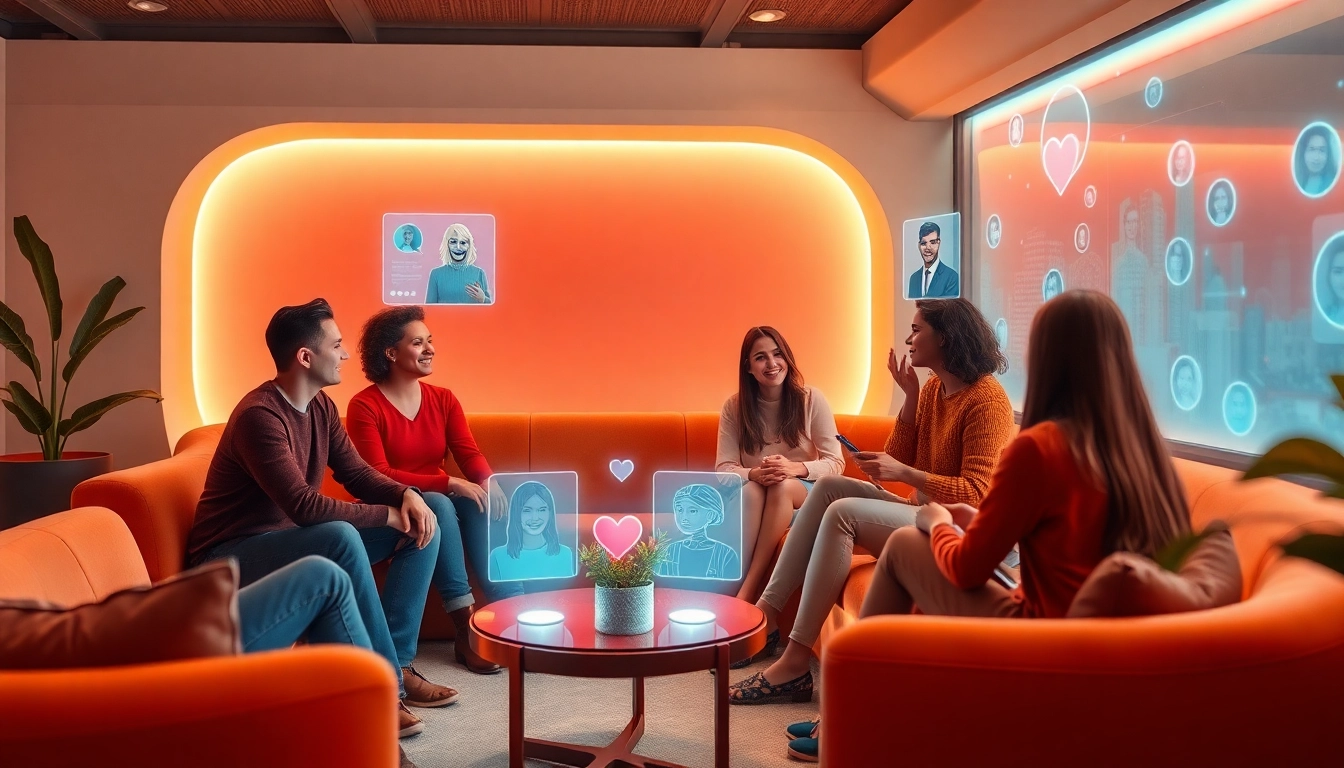 Engaging scene with Juicy AI chatbot in a modern lounge, showcasing AI avatars and friendly interactions.