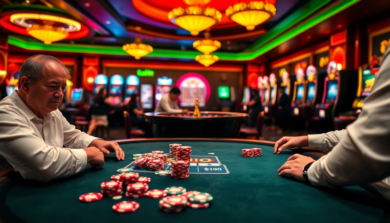 Kuwin casino players engaged at a high-stakes poker table, showcasing thrilling atmosphere and luxury.