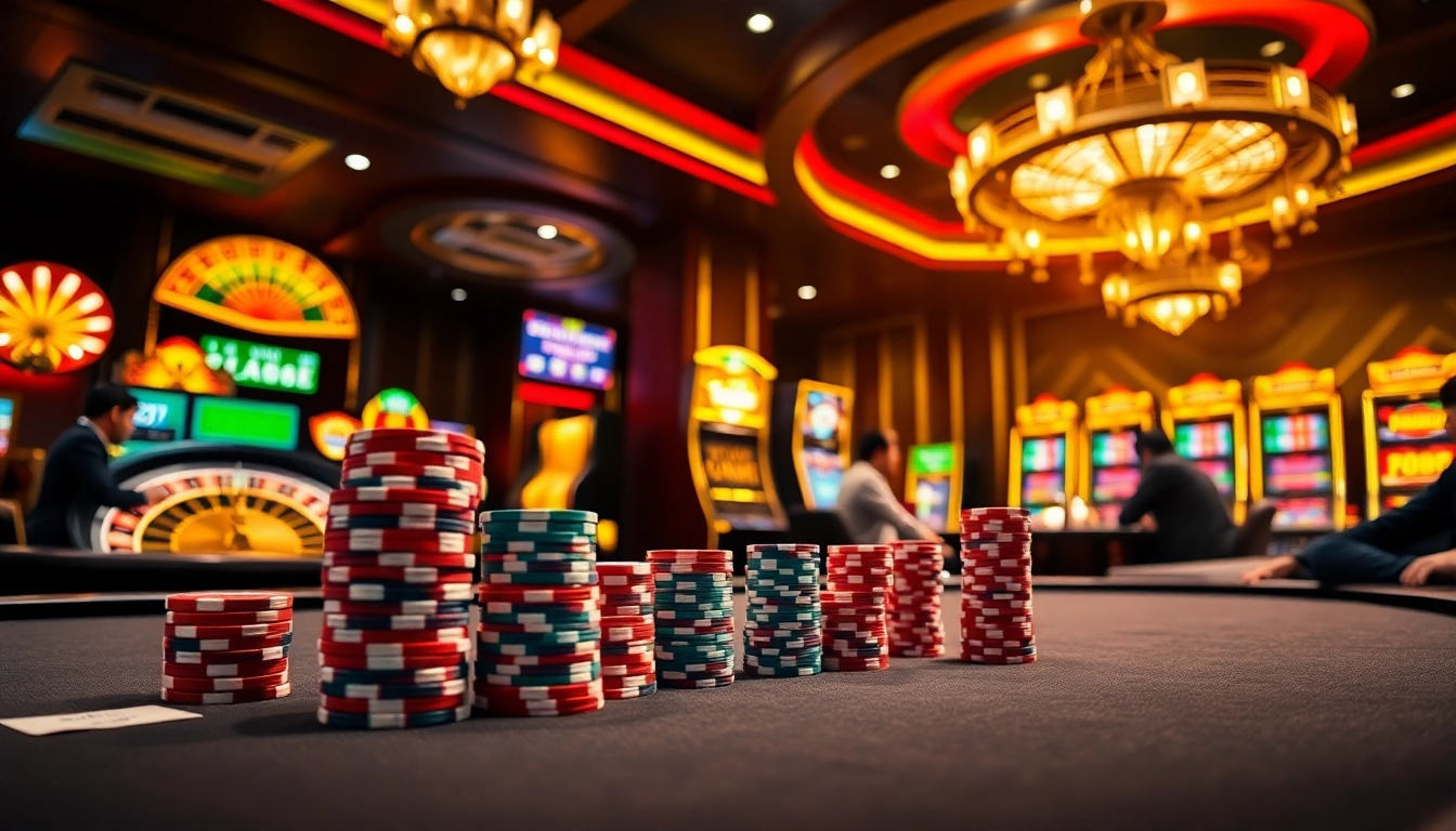 Engaging scene showcasing kèo nhà cái 5 with players at a poker table in a luxurious casino environment.