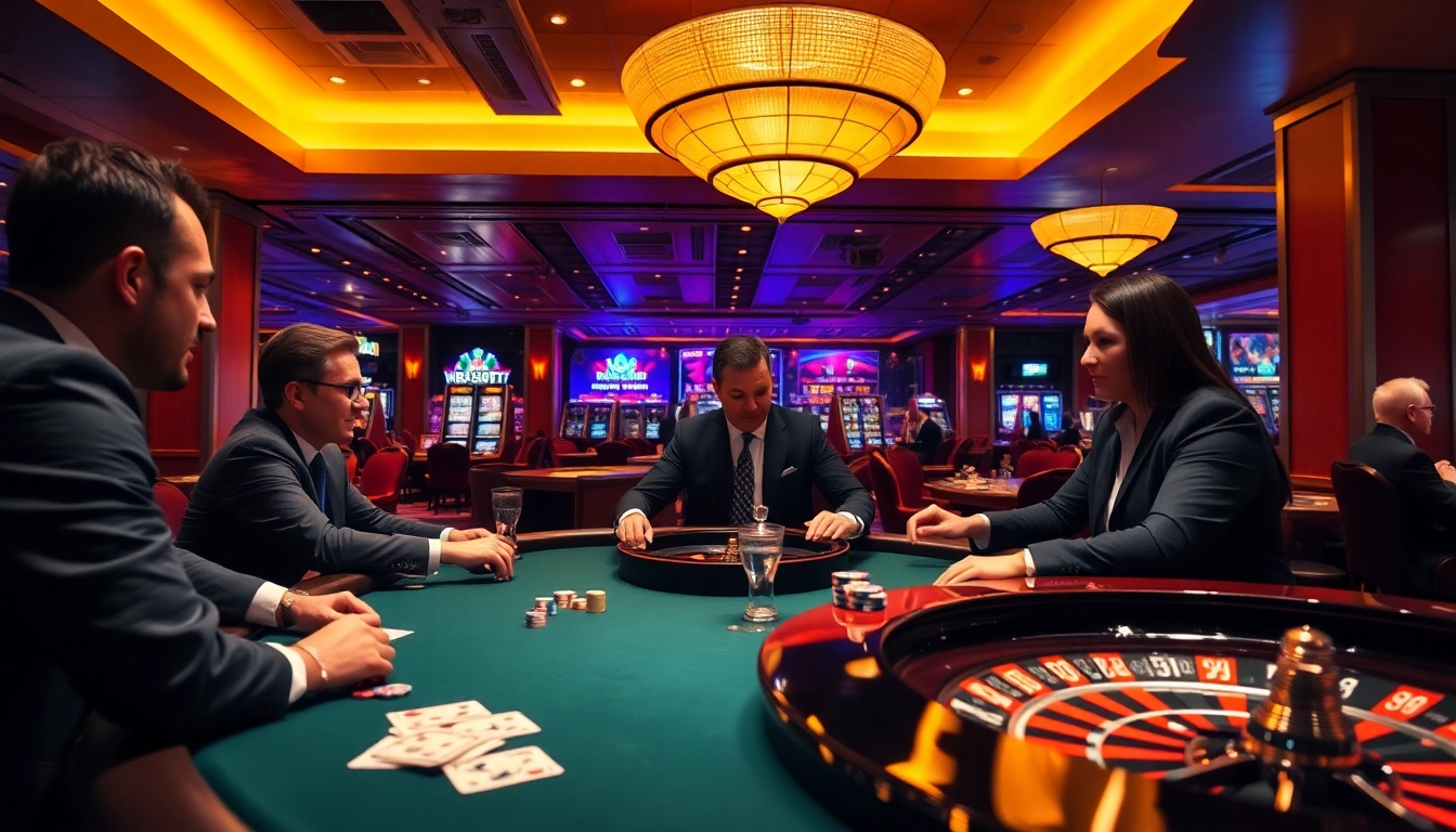 A vibrant magyar online kaszinó scene depicting players enjoying table games and a luxurious atmosphere.