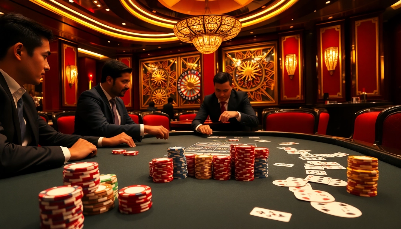 Engaging in high-stakes poker at GG 88's luxurious casino table with vibrant poker chips.