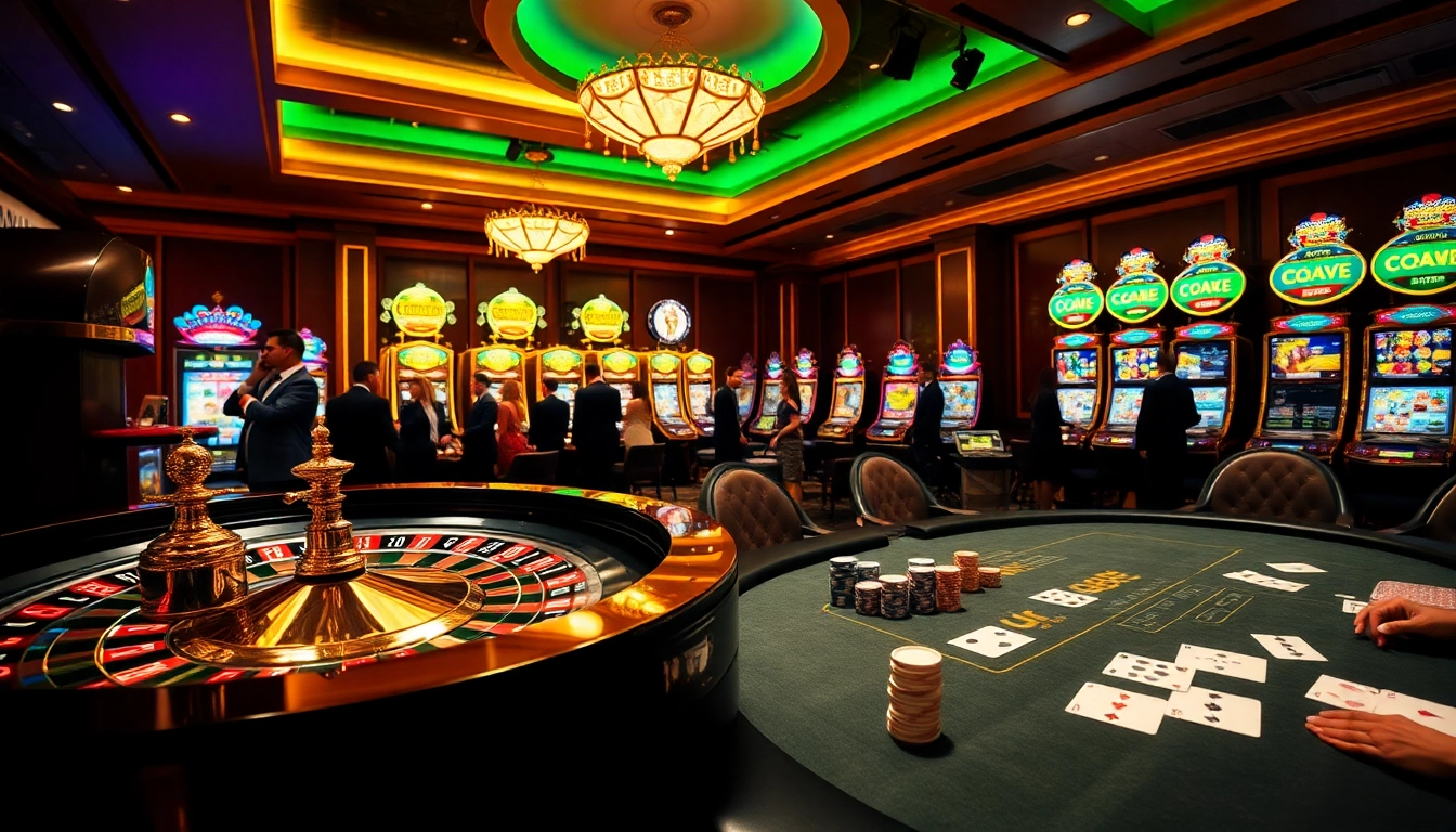 A dynamic casino scene featuring players engaged at the link u888 poker table, highlighting excitement and luxury.