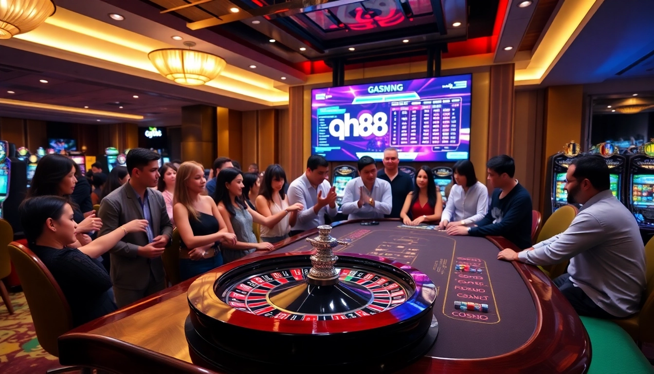 Excited gamblers enjoy a lively game at a qh88 casino table with vibrant betting chips and a roulette wheel.